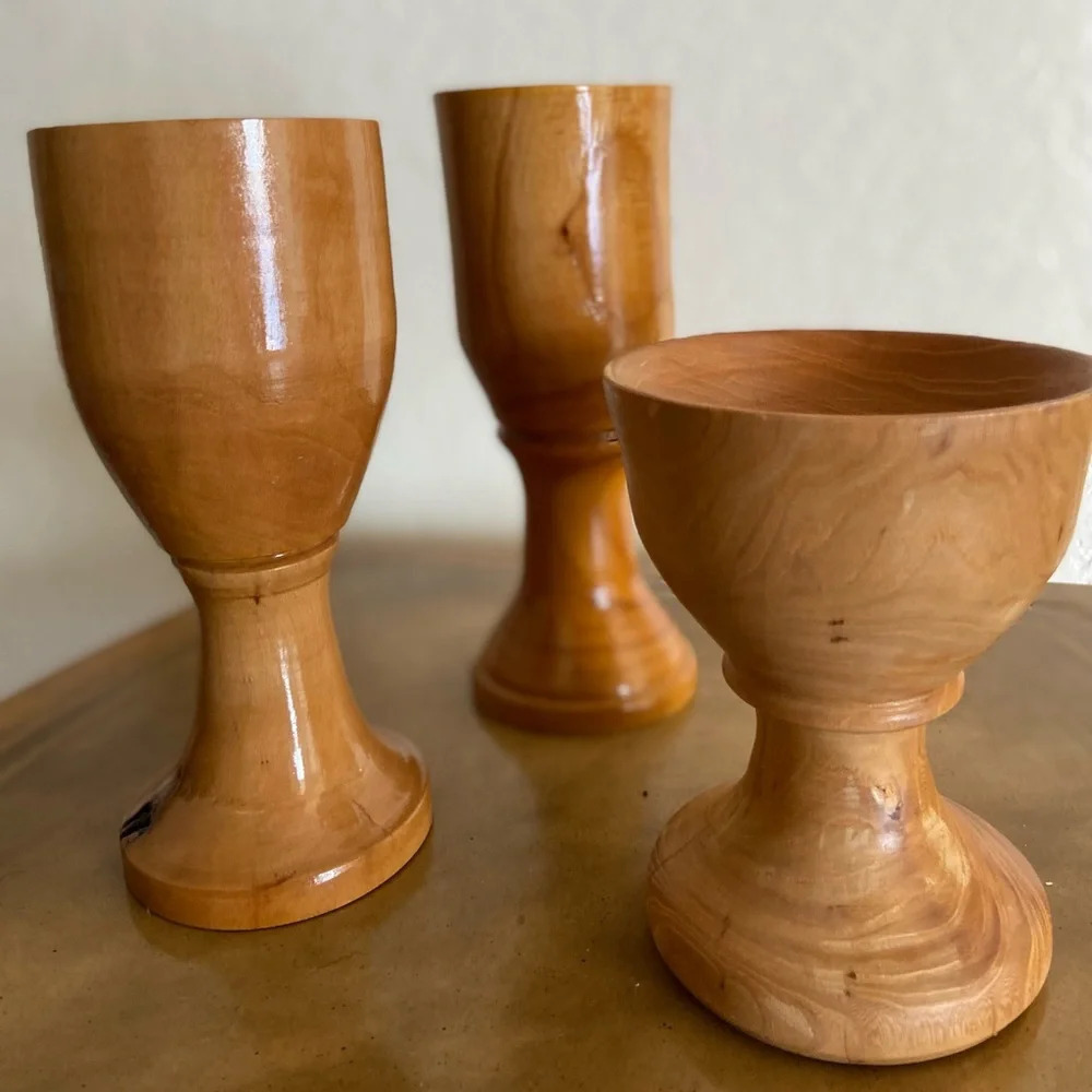 Set of 3 Turned Wood Bob Humbert Goblet Cups Elm Cherry Dogwood - Picture 3 of 12